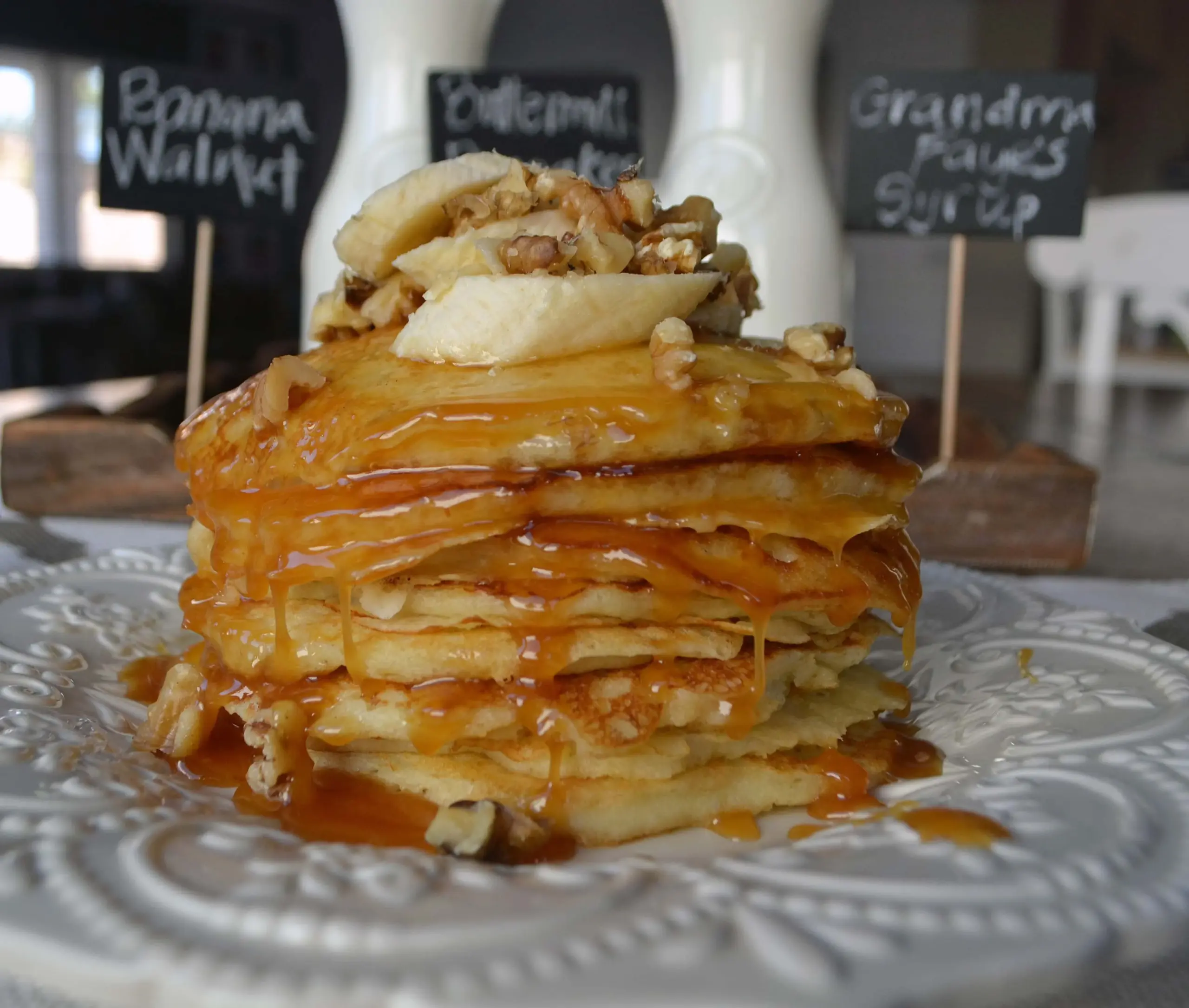 Banana Walnut Buttermilk Pancakes with Syrup