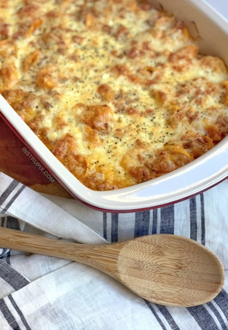 Cheesy Tortellini Casserole with Meat Sauce