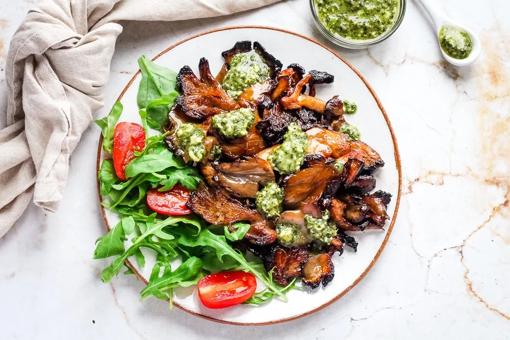 Crispy air-fried oyster mushroom steaks on a plate