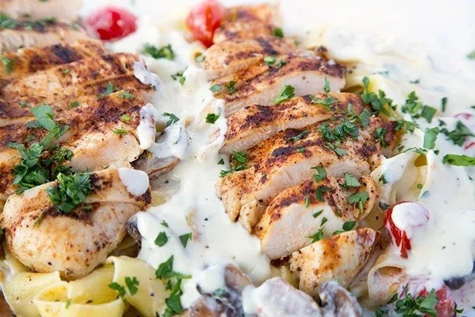 Grilled Chicken Alfredo over Pappardelle