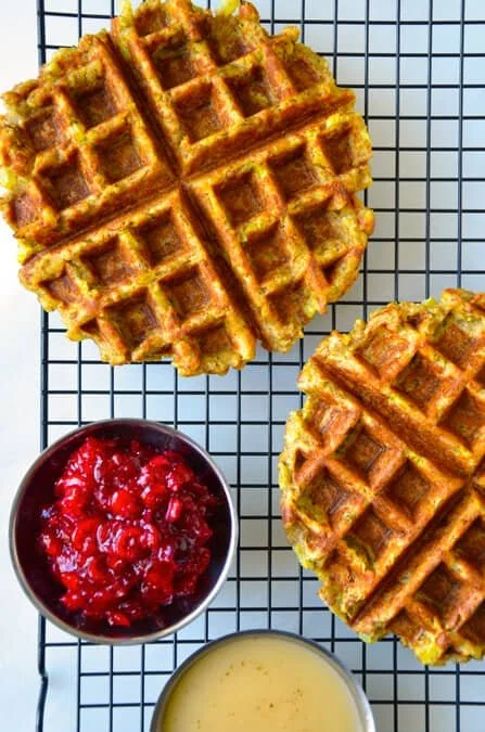 Delicious remixed stuffing waffles made from holiday leftovers