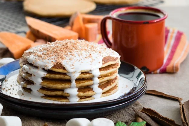 Sweet Potato Pancakes with Marshmallow Sauce