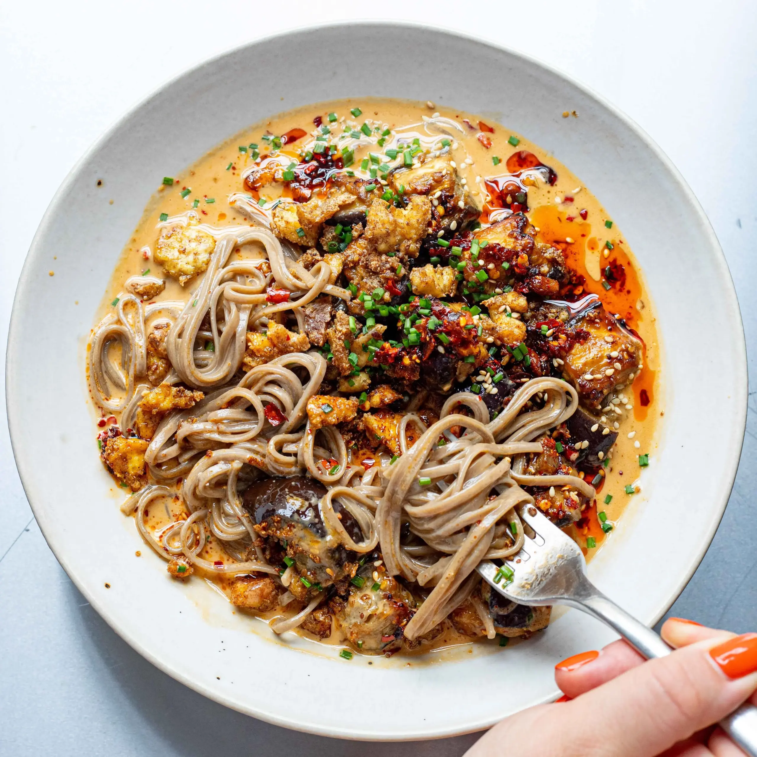 Tahini Soba Soup with Miso Eggplant